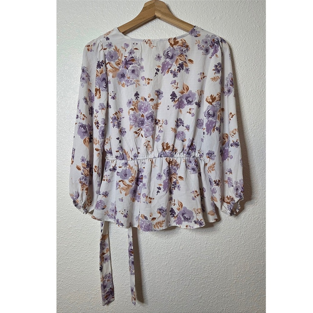 Meraki Floral Wrap Blouse Medium Cottagecore Coquette Peplum Tie Waist Top - Picture 2 of 9
